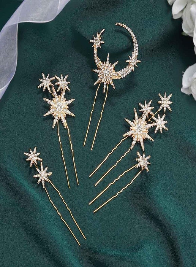 Unicra Star Moon Bride Wedding Hair Pins Crystal Bridal Hair Pieces Rhinestone Goddess Hair Accessories for Women and Girls (Pack of 5) (Gold) - Image 4